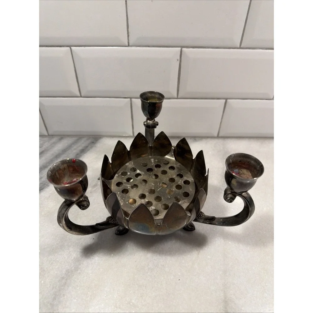 Leonard Silver plate 3 Candle Holder Lotus Vase With Original Frog Vintage 1970s